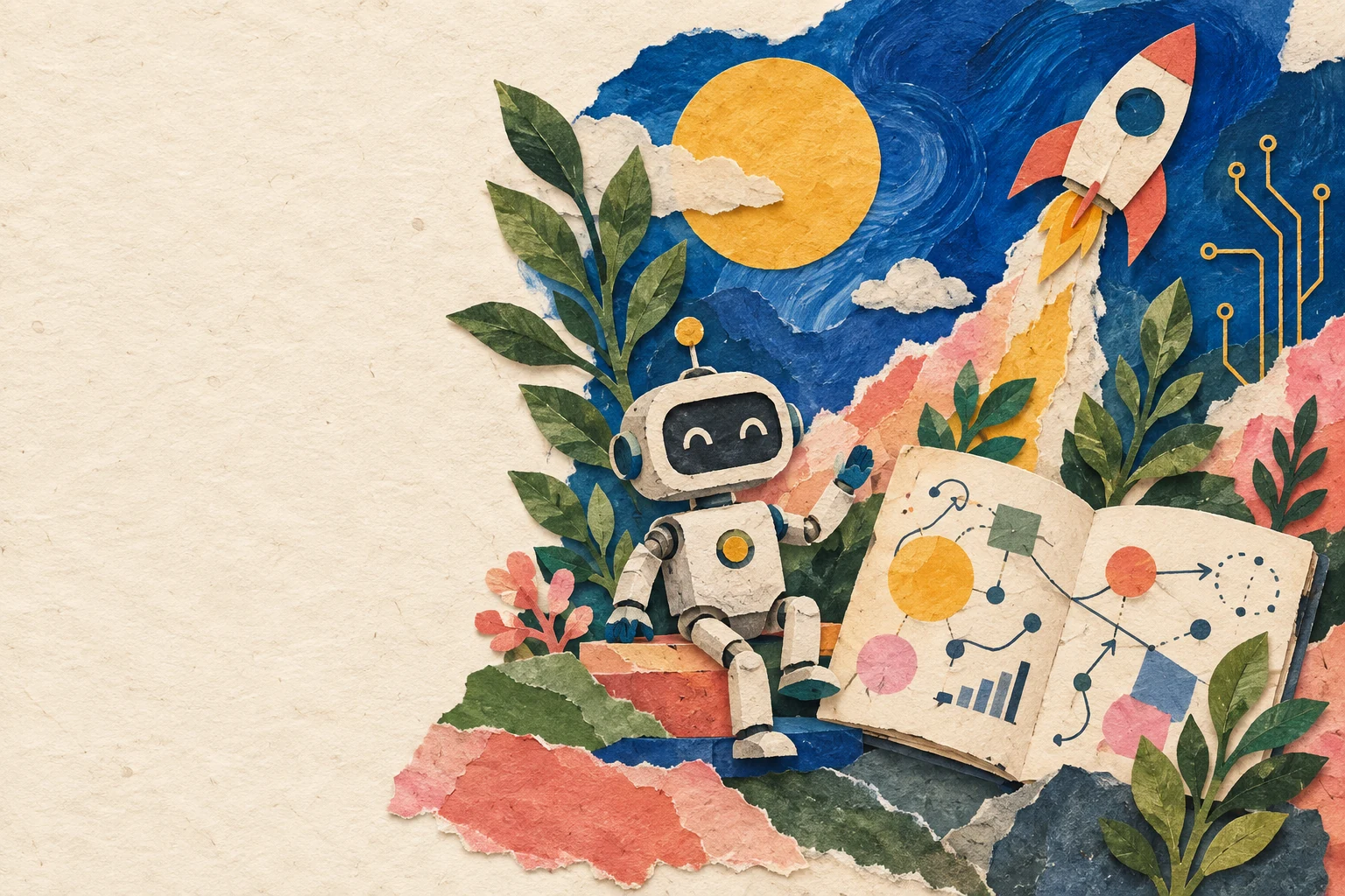 Handmade paper robot, rocket and notebook in a colourful collage